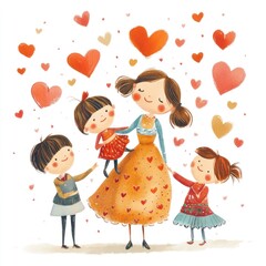 A Mother's Love: A heartwarming illustration of a mother and her three children surrounded by hearts, symbolizing the boundless love within a family.