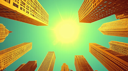 Skyward Gaze: Towering skyscrapers reach towards a radiant sun, creating a sense of grandeur and upward momentum. The vibrant teal and yellow palette adds a retro touch.