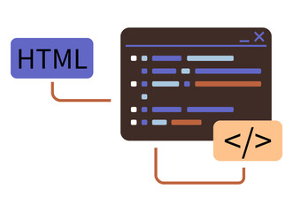 Coding window with highlighted HTML tags, showcasing syntax structure and linked programming elements. Ideal for web development, coding, programming, tech guides, education, design software. Flat
