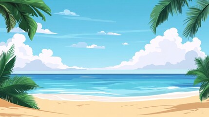 Obraz premium Tropical Beach Meets Calm Ocean Waves with Palm Trees and Clouds. Summer Vacation Paradise.
