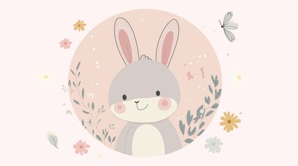 Fototapeta premium Cartoon bunny sitting amid delicate floral circle, featuring soft pastel hues and rosy cheeked character embodying playful children's design aesthetic
