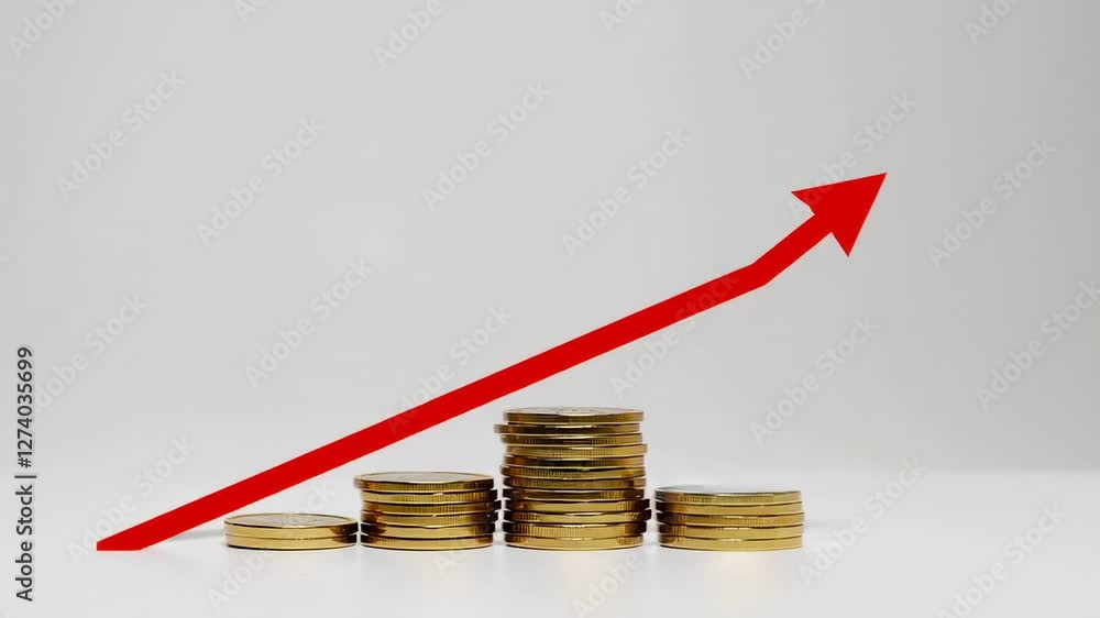 Aufkleber stop motion animation of growing stacks of coins and a rising red arrow isolated on a white backgrou