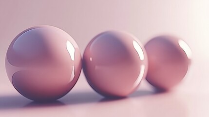 Three Glossy Pastel Pink Spheres Arranged On A Smooth Surface With Soft Lighting