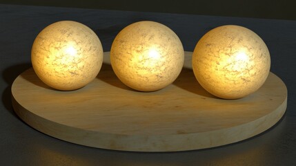 Three Illuminated Spheres Resting on a Textured Beige Circular Base Against Dark Background