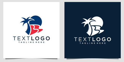 palm tree with Beach or coast logo in simple sun and ocean shape