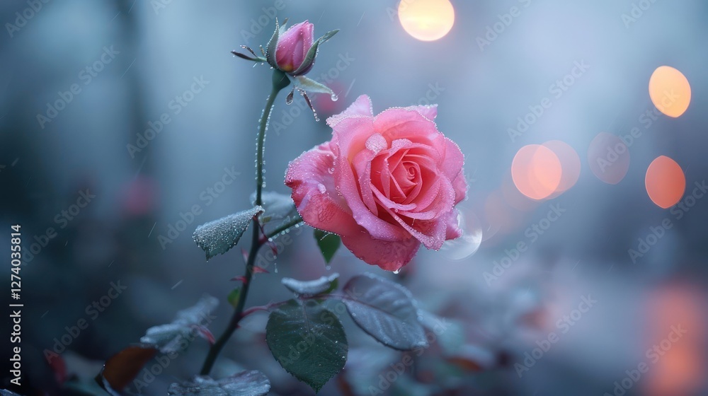 Poster a delicate pink rose in a misty environment with soft bokeh lights in the background.