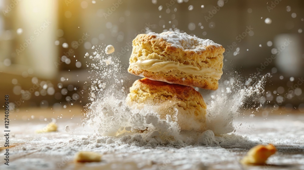 Aufkleber two freshly baked biscuits dusted with flour, creating a dynamic and appetizing scene.