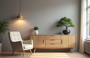 Bright interior with armchair, bonsai tree, wooden commode. Natural light through window. Beige wall creates cozy atmosphere. Scandinavian design for living room. Minimalist home decor with lamp.