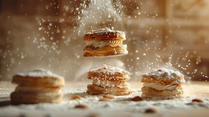 Flaky pastries filled with cream, dusted with powdered sugar, creating an enticing dessert scene.