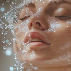 girl washing face with water, cleansing face