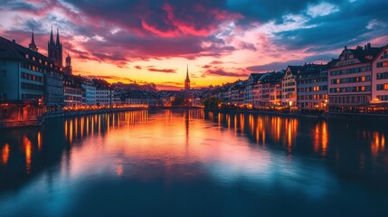 Beautiful sunset over a peaceful river in Zurich, showcasing historic buildings and vibrant colors