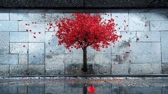 Red tree against a gray stone wall with falling leaves.