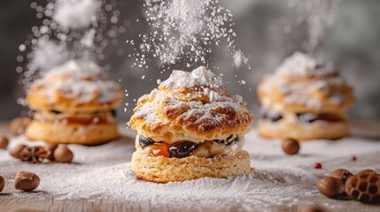 Delicious pastries dusted with powdered sugar, showcasing a tempting dessert presentation.