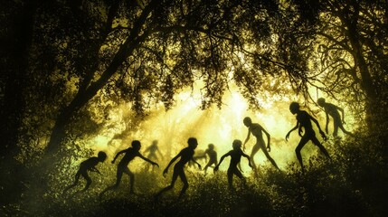 Fototapeta premium Mysterious Shadows of Silhouetted Figures in Enchanted Forest Light