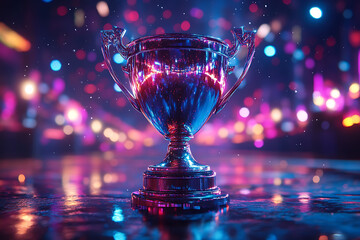 A futuristic esports championship trophy displayed on a grand stage with vibrant neon lights and an electrifying atmosphere. The image symbolizes victory, competition, and gaming excellence