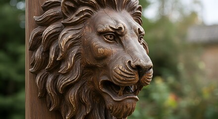 Obraz premium Detailed Wood Lion Carving on Post with Natural Outdoor Background