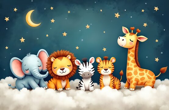 Fototapeta Watercolor illustration of safari animals on clouds under stars. Baby elephant, lion, zebra, tiger, giraffe sleeping together. Nursery art, kids room decor, baby shower design.