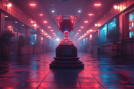 A futuristic esports championship trophy displayed on a grand stage with vibrant neon lights and an electrifying atmosphere. The image symbolizes victory, competition, and gaming excellence