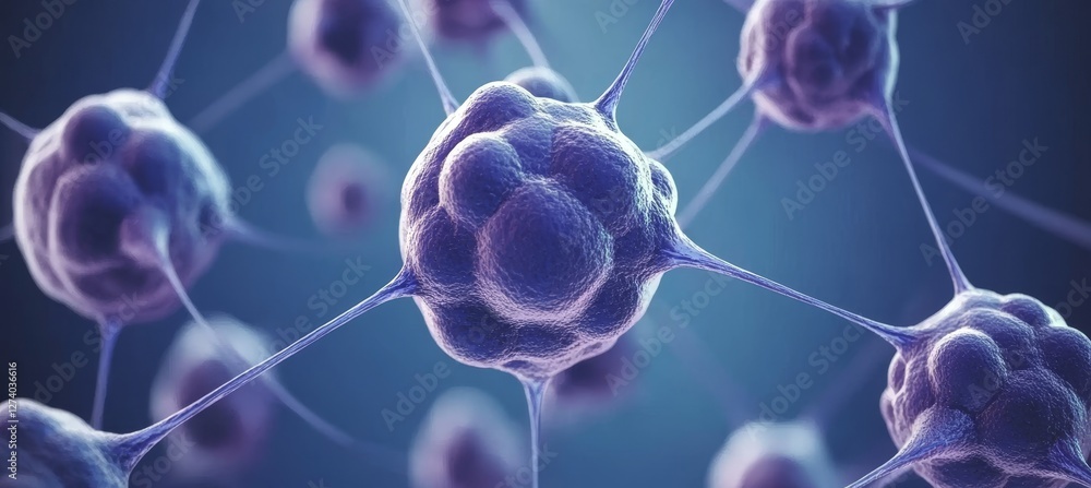 Poster abstract 3d render of a network of interconnected blue nodes or cells on a dark background