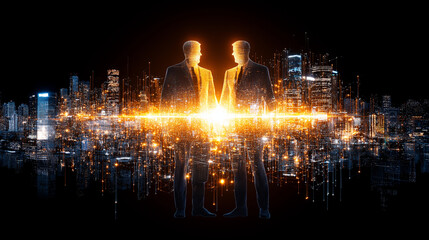 Obraz premium Visionary Connection: Two figures in business suits face each other, symbolizing the future of business in a metropolis at night with golden light