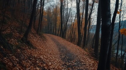 Obraz premium Colorful autumn path winding through a mystical forest surrounded by trees and fallen leaves
