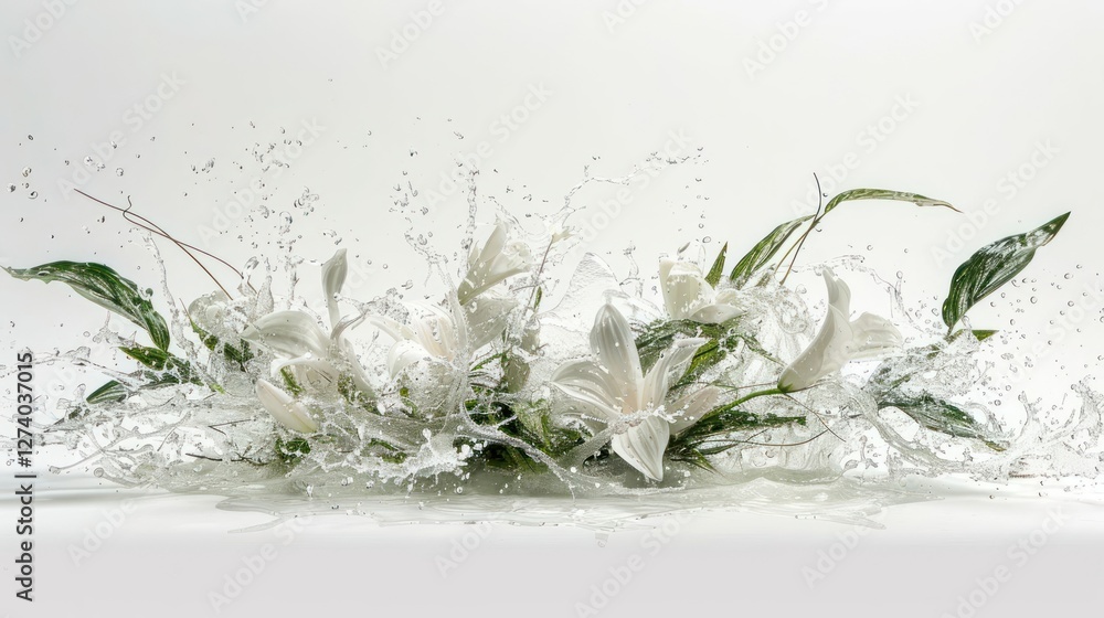 Poster a dynamic arrangement of white flowers splashing in water, creating a lively visual effect.
