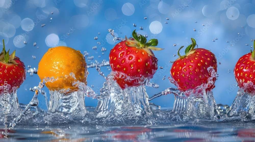 Poster vibrant fruits splashing in water, creating a dynamic and refreshing visual.