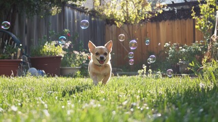 Fototapeta premium Adorable chihuahua running in a garden with bubbles