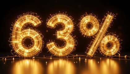 Sixty-Three Percent Off: Glowing Golden Number Sale Discount Abstract 3D Render