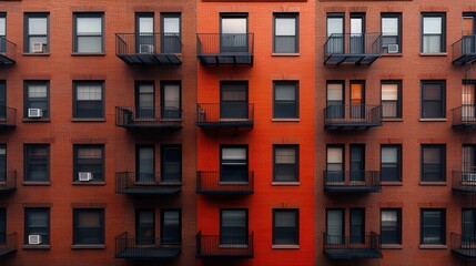 Obraz premium Symmetrical brick apartment building facade with balconies and windows