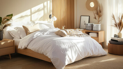 contemporary bedroom with organic cotton bedding, natural light, and stylish decor creates serene atmosphere