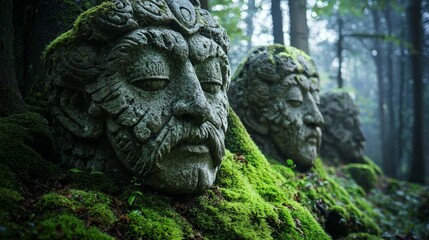 Ancient Stone Faces Surrounded by Lush Green Mossy Forest