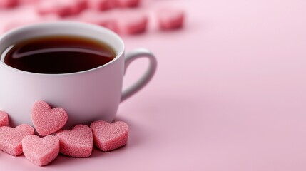 A cozy cup of tea surrounded by sweet pink heart-shaped candies on a gentle pink background.