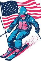 Obraz premium Illustration of a skier in action with the American flag background
