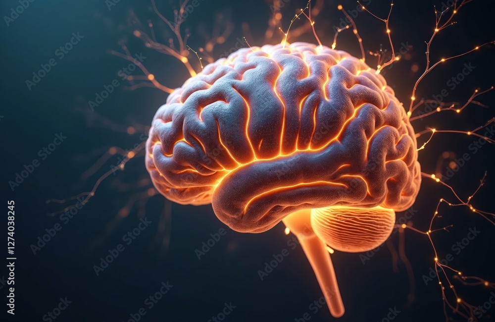 Fototapete Illustration showcases human brain complexity with glowing neural connections. Emphasizing mental processes and brain functions with ai support. Digital artwork of human intelligence and future tech.