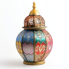 Colorful Metal Lantern with Intricate Floral Pattern on White Background