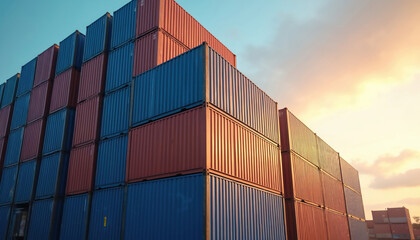 Fototapeta premium Stack of blue, red cargo container boxes against sky. Import, export logistics business of freight shipping for merchandise distribution. Storage warehouse terminal crane for transportation,