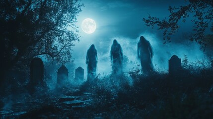 Mysterious Ghostly Figures Emerging from Foggy Graveyard at Night