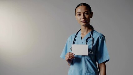 Healthcare worker wearing blue scrubs holding blank sign, displaying contemplative expression during slow motion shot against neutral background