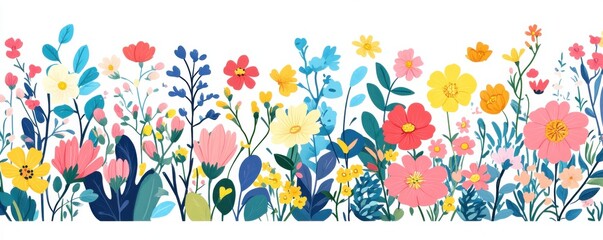 Colorful illustration of a vibrant flower garden with various blossoms