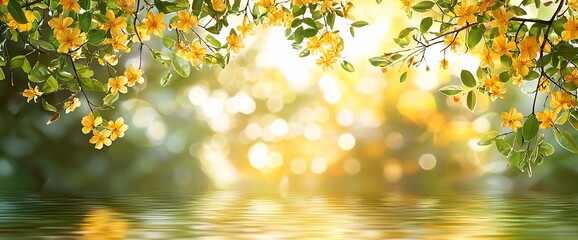 Obraz premium Serene spring scene with yellow flowers over calm water reflecting sunlight.