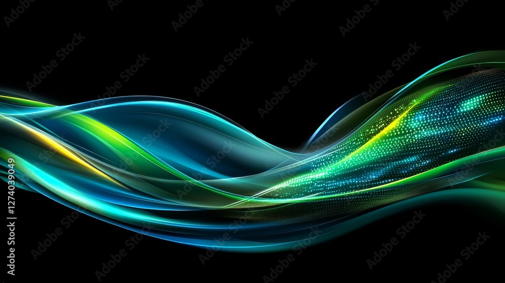 Poster an abstract digital depiction of a blue and green grid is shown moving quickly through space and tim