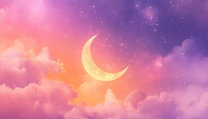 Crescent Moon in a Pink Purple and Orange Starry Night Sky