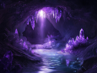 Mysterious Cave Illuminated by Glowing Crystals with a Gentle Stream