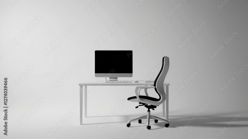 Poster pristine white office desk and ergonomic chair materializing through slow motion stop motion techniq