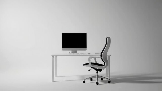Pristine white office desk and ergonomic chair materializing through slow motion stop motion technique, revealing minimalist professional workspace