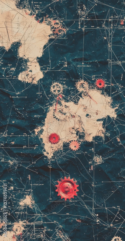 Poster the design incorporates intricate blue mechanical patterns with circular shapes and detailed technic
