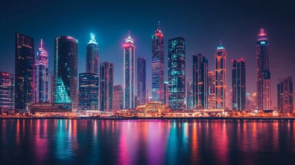 Obraz premium Vibrant Night View of Modern City Skyline with Colorful Lights