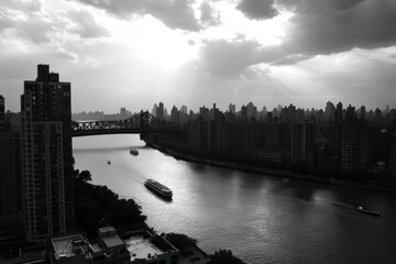 River Flows Through City Under Dramatic Sky with Urban Landscape and Waterway Tranquility.