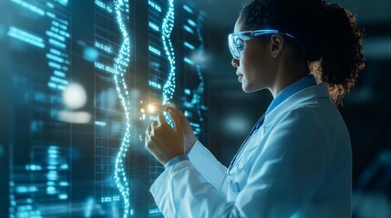 A doctor analyzing a glowing DNA molecule on a virtual interface,